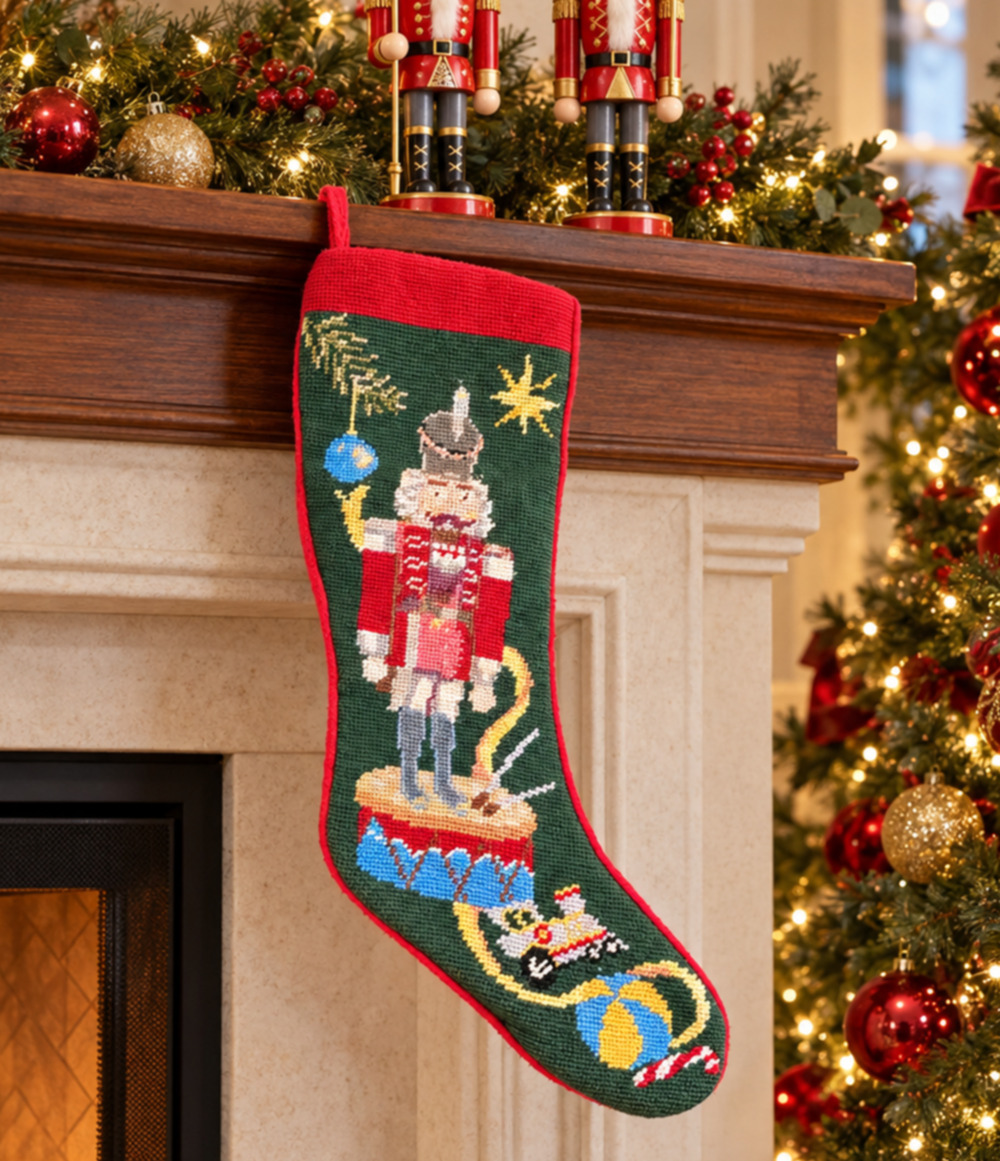 Nutcracker Needlepoint Christmas Stocking | Classic Red & Green Holiday Decor